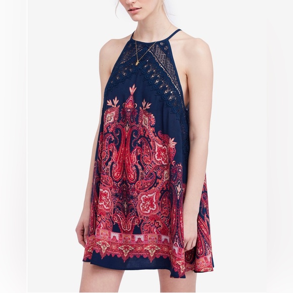 Intimately By Free People Dresses & Skirts - Free People Shea Halter Mini Dress Paisley Crochet Lace Navy Red‎ S Petite Boho